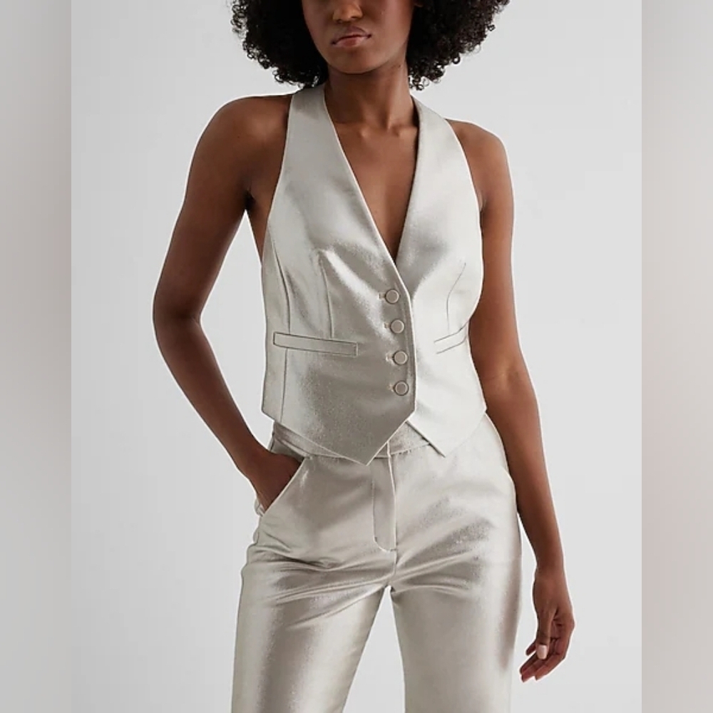Metallic Button Front Halter Vest